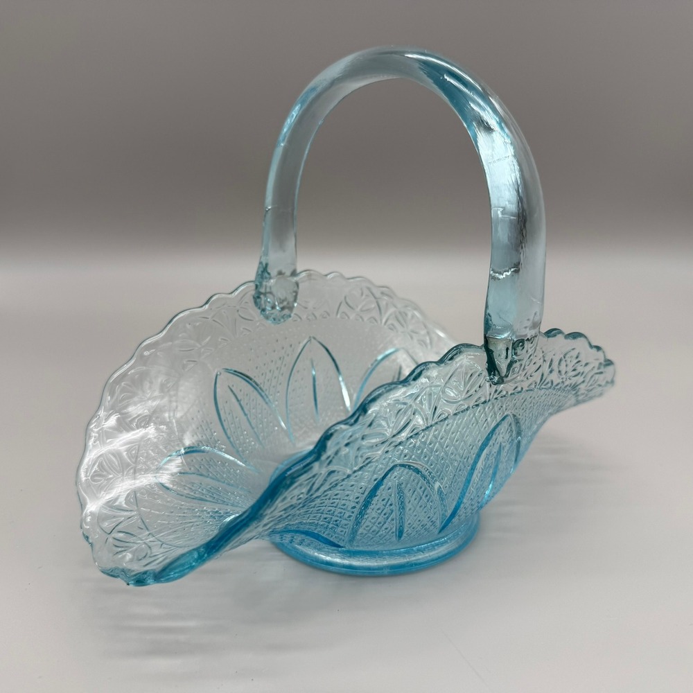 Vintage Pale Blue Pressed Glass Basket Scalloped Embossed Floral Starburst Base